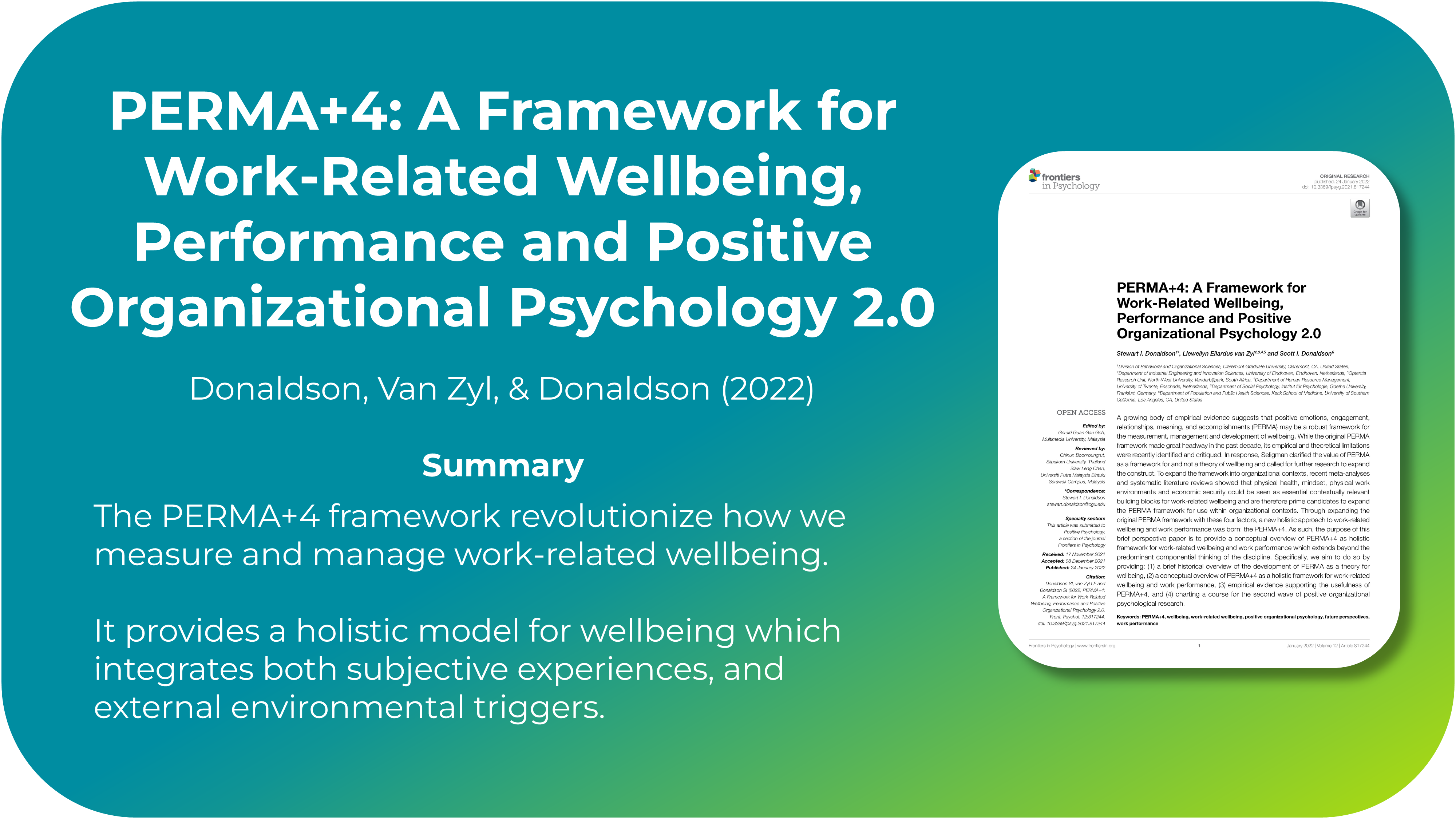 PERMA+4: A Framework for Work-Related Wellbeing, Performance and Positive Organizational Psychology 2.0